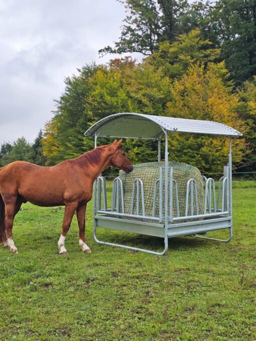 Viereckraufe 2x2m, Futterraufe mit Dach und Palisadenfressgitter – Bild 3