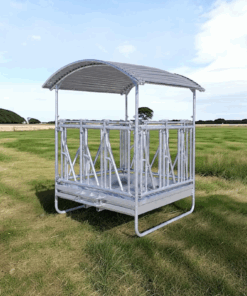 Viereckraufe 2x2m, Futterraufe mit Dach und Selbstfangfressgitter